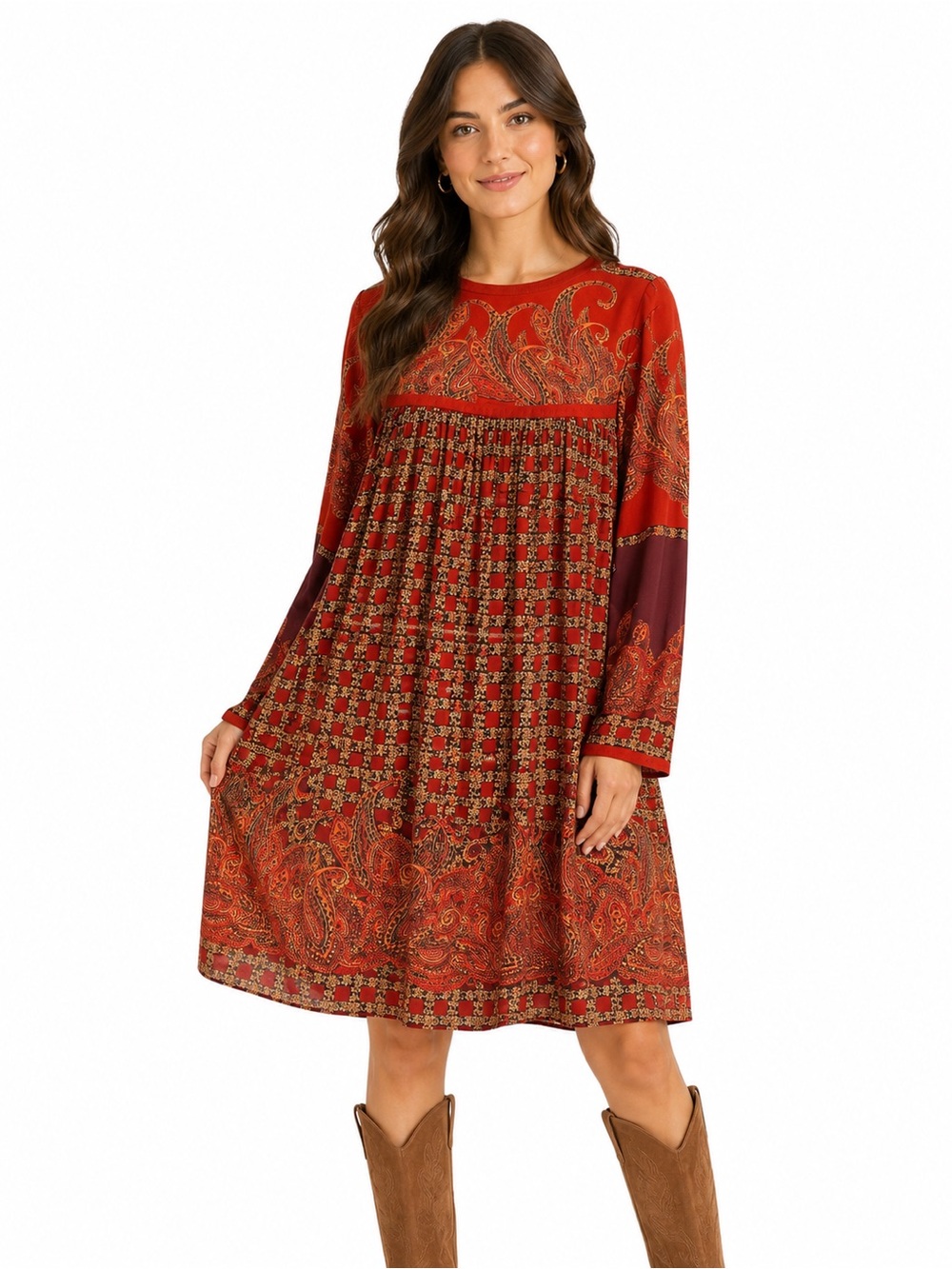 Pinnece Shruti Sancheti Boho Paisley Mixed Print Dress Rust Brown Size Small